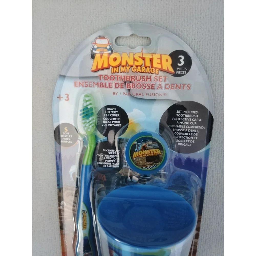 Monster In My Garage Kids Toothbrush Set Soft Nylon Bristles Cup Cap Blue Green